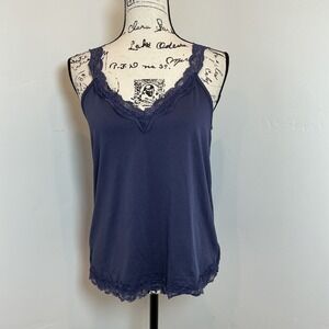 Daytrip Camisole Tank Top Womens Small Navy Blue Excellent Lace Trim V-Neck